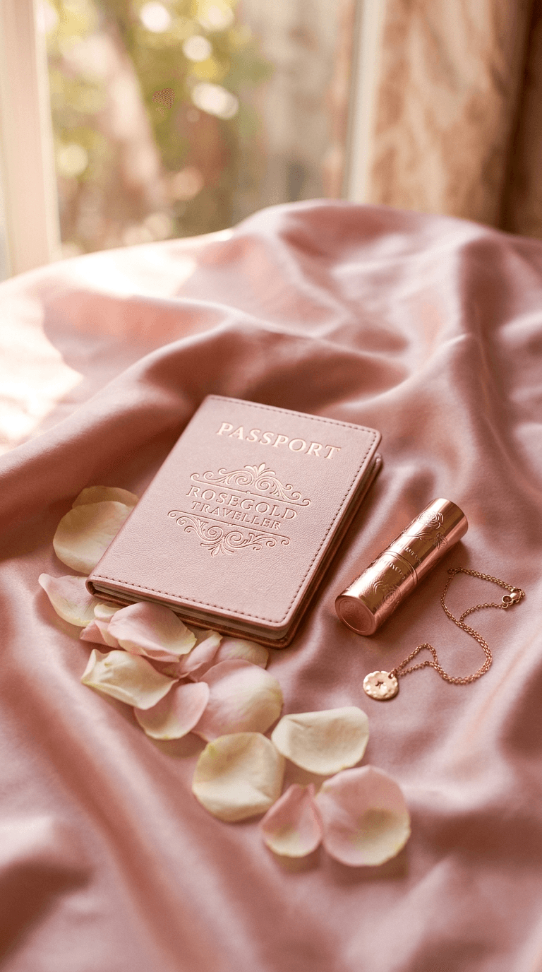 Blush silk with a rose-gold passport, rose petals and a gold necklace
